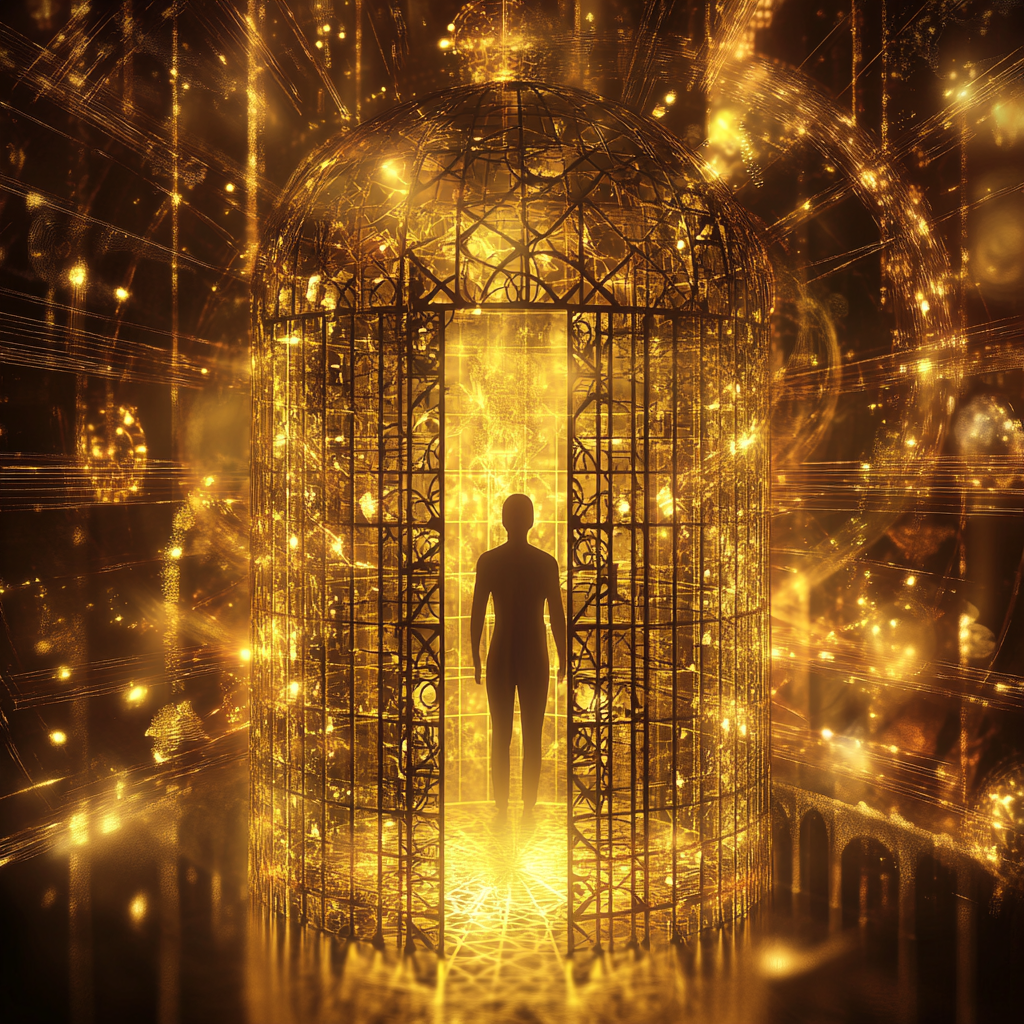 A human silhouette stands inside a beautiful, glowing golden birdcage made of intricate habit patterns, looking out at a vibrant, blurred world, symbolizing the "golden prison" of rigid routines. ContextClogging HabitPrison GoldenPrison Adaptability CognitiveFlexibility Unlearning BehavioralChange SelfMastery GrowthMindset Innovation ProductivityParadox ComfortZone MindfulHabits Resilience MoroccanCulture Ijtihad (independent reasoning) Itqan (excellence) RoutineTrap PersonalEvolution WorkplaceAdaptation