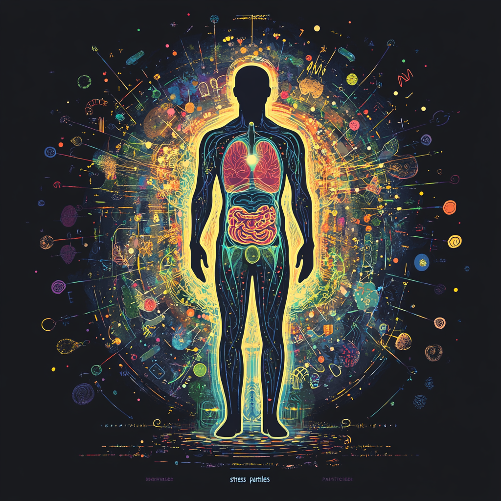 A glowing human silhouette protected by a shield featuring Moroccan geometric patterns, repelling dark, chaotic energy. Inside, vital organs appear vibrant, symbolizing mental immunity fortifying physical health. Mental Immunity Physical Health Mind-Body Connection Stress Protection Holistic Health Psychoneuroimmunology Neuroplasticity Stress Management Immune System Boost Chronic Inflammation Placebo Effect Mindfulness Benefits Emotional Regulation Wellbeing Inner Resilience Brain Health Longevity Self-Care Moroccan Health Wisdom Think Yourself Healthy
