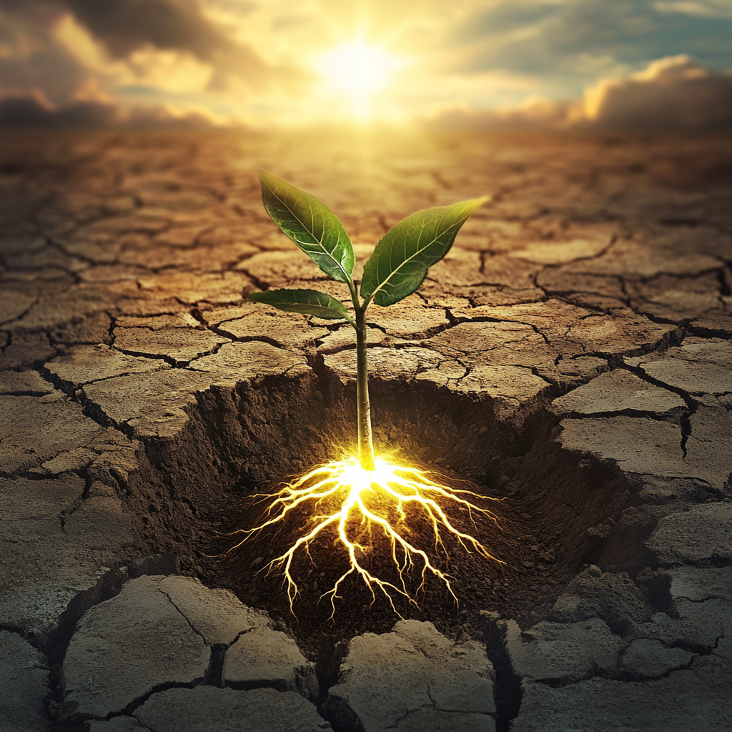 Parched earth in the foreground transforming into lush, fertile land in the background, originating from a glowing seed sprouting within the earth, symbolizing inner wealth leading to outward abundance. The background subtly evokes Moroccan landscapes. Inner Wealth Reprogramming Abundance Abundance Mindset Wealth Creation Financial Freedom Mindset Shift Limiting Beliefs Positive Psychology Gratitude Manifestation Neuroplasticity Self-Worth Prosperity Conscious Giving Flow State Cultural Beliefs Wealth Overcoming Scarcity Personal Growth Holistic Wealth Mindful Living