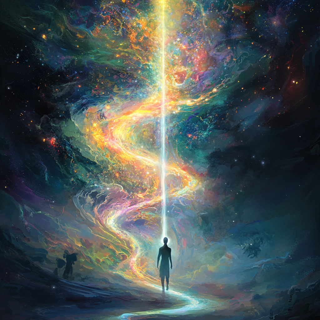 A figure shown reaching upwards with a vertical light beam, transitioning to a path leading to light radiating outwards from the figure and connecting to surrounding elements, symbolizing the journey from prayer to spiritual connection. Spiritual awareness spiritual journey spiritual connection find meaning transcendence mindfulness meditation nature connection mysticism transpersonal psychology spiritual well being prayer spiritual practices interconnectedness inner peace spiritual growth consciousness existentialism cultural spirituality faith journey higher power awe