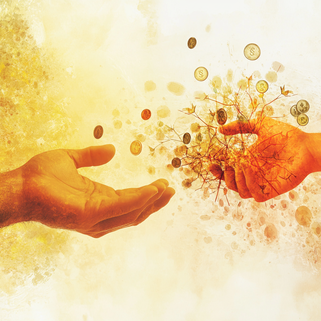 An image contrasting a simple coin exchange with a hand giving a seed or light that creates positive ripples spreading over symbols of community, representing the impact of creating value before compensation. create value before compensation give first reciprocity principle social capital trust building generosity advantage prosocial behavior value creation community building long term value beyond transaction giving value reciprocity trust relationships societal impact generosity ethical business build a better society cultivate relationships economic philosophy social dynamics