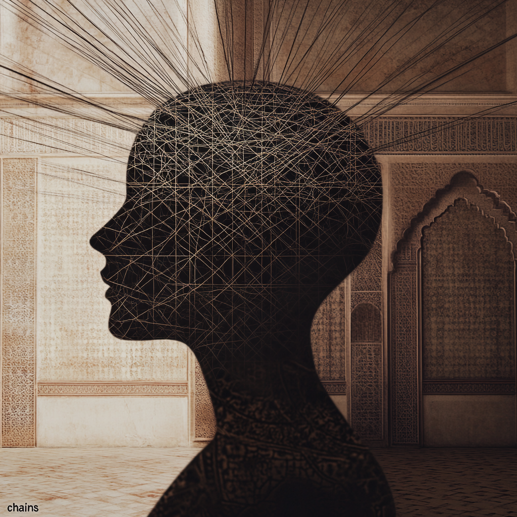 A figure subtly enveloped by intricate patterns resembling invisible cultural threads, with a traditional Moroccan background on one side and a modern global scene on the other, symbolizing culture as both a source of identity and unseen constraint. Contextual Culture Cultural Impact Societal Impact Cultural Norms Collective Culture Cultural Conditioning Socialization Cultural Resistance Implicit Bias Identity Formation Cultural Evolution Traditional Values Modern Society Social Conformity Intergenerational Wisdom Neuro-Culture Collective Memory Cultural Awareness Moroccan Culture Cultural Freedom