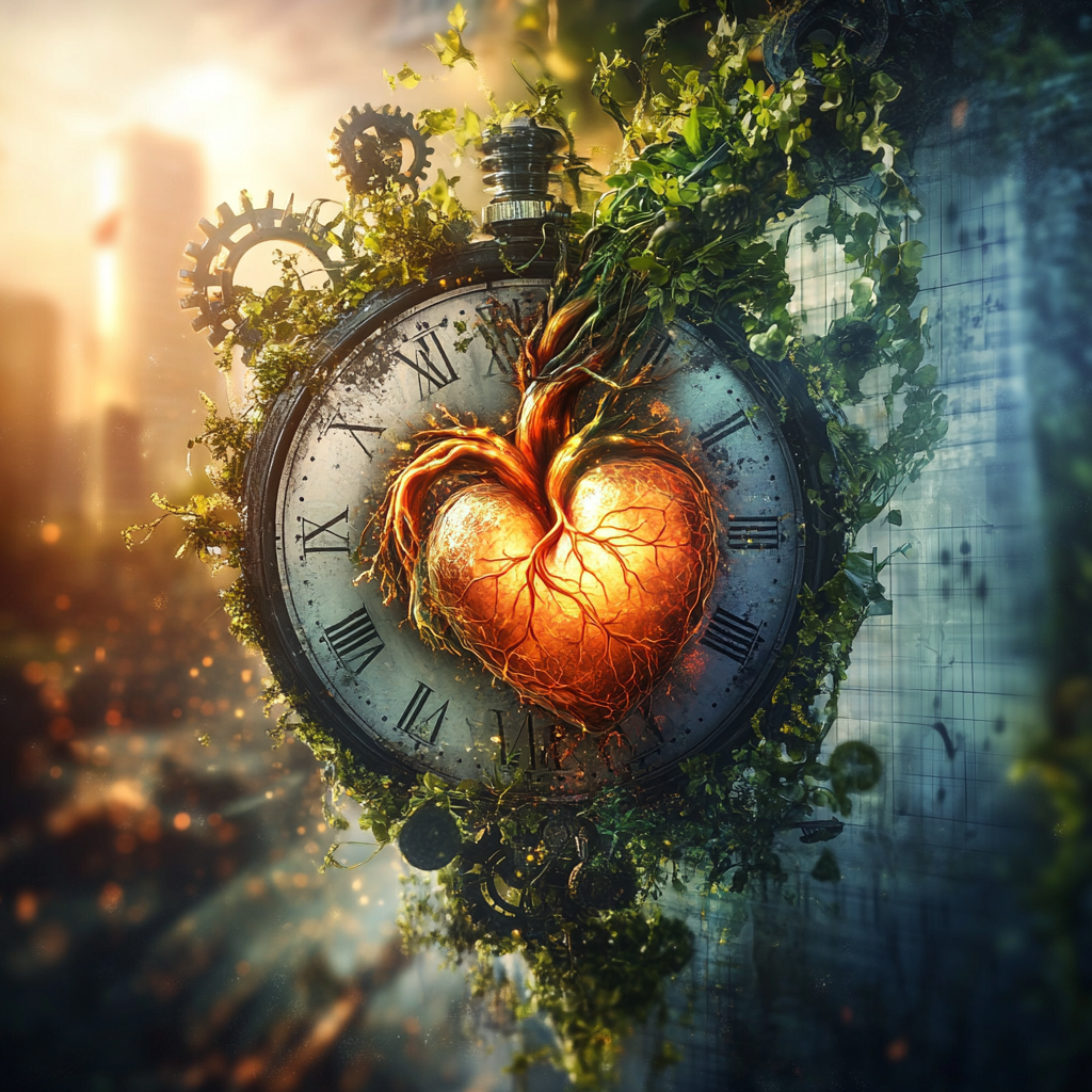 A vibrant, glowing heart at the center of a clock's gears, with organic elements reshaping them. The image contrasts rigid time with natural purpose, subtly featuring Moroccan zellige patterns, symbolizing heart productivity over mere time management. Heart Productivity Time Management Purpose Driven Life Intentional Living Authenticity Burnout Prevention Flow State Emotional Intelligence Work-Life Balance Productivity Hacks Inner Peace Sustainable Productivity Moroccan Wisdom Niyya (Intention) Baraka (Blessing) Qana'a (Contentment) Stress Management Meaningful Work