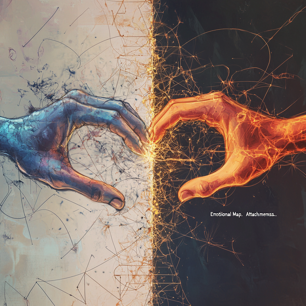 Hands tightly grasping on one side, representing attachment, contrasting with hands gently touching on the other side, connected by light, symbolizing closeness. An emotional map navigates these two states. EmotionalMap ClosenessVsAttachment HealthyRelationships AttachmentTheory NeurobiologyOfBonding EmotionalIntelligence SelfAwareness Codependency FearOfAbandonment SelfValidation SecureAttachment UnconditionalLove EmotionalFreedom PersonalGrowth MindfulRelationships MoroccanCulture Ihsan (spiritual excellence) Tawakkul (trust in God) Sufism AuthenticConnection RelationshipGoals