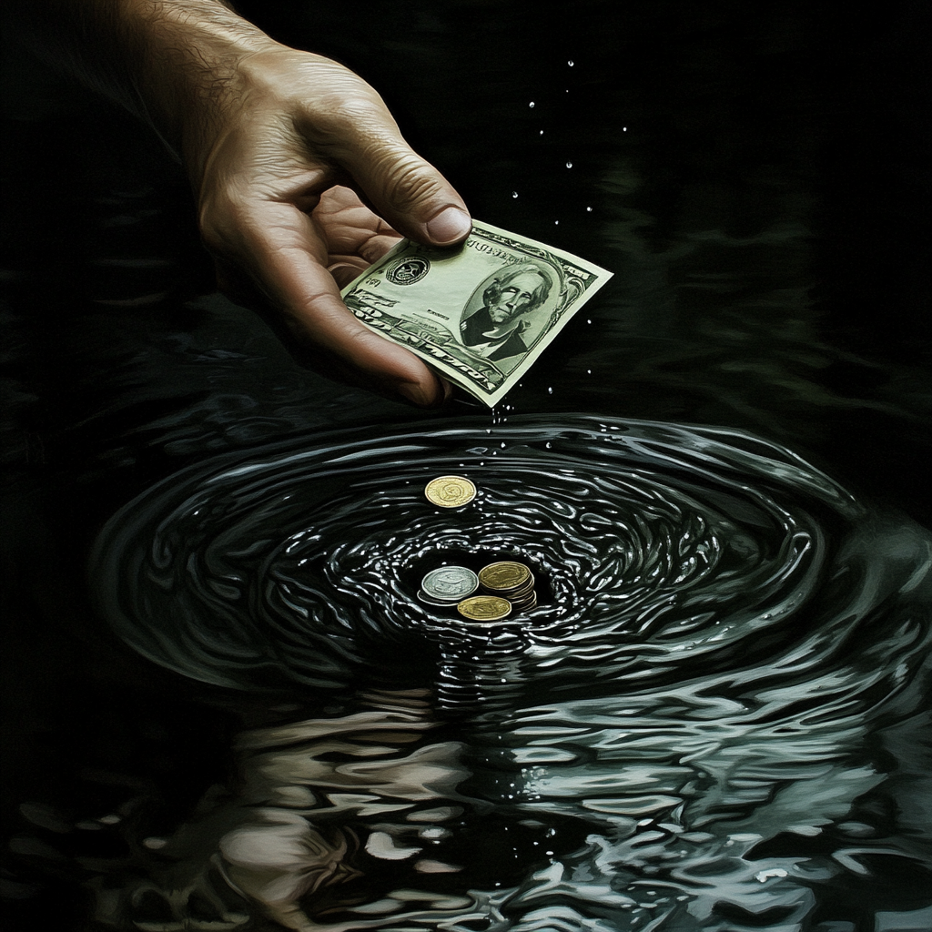 A hand drops coins onto a dark reflective surface. The reflection shows money mixed with dark shadows on one side and bright light on the other, symbolizing how money mirrors inner consciousness and beliefs. money consciousness financial mindset scarcity mindset abundance mindset money fears financial anxiety money stress financial psychology money beliefs self-worth and money financial freedom healthy money habits money blockages financial well-being relationship money problems personal finance financial health mindset wealth creation emotional spending
