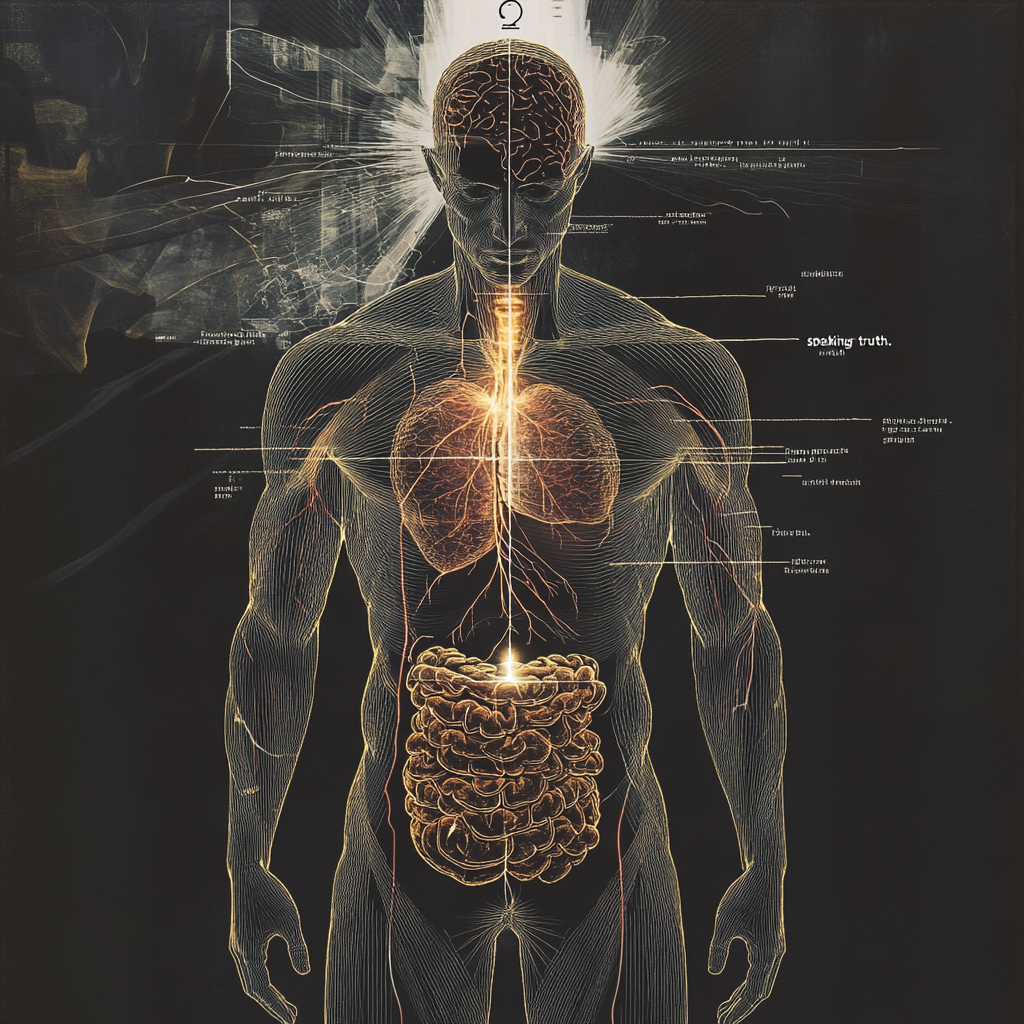 A stylized human body outline overlaid on abstract internal patterns, with symbolic signals emanating from specific areas, representing the body's hidden communication and the act of decoding its truths. body signals body doesn't lie mind body connection physical symptoms of stress decode body language listen to your body somatic symptoms chronic stress emotional health trauma in body gut brain axis body intuition self awareness health and well being stress management PNI (Psychoneuroimmunology) psychosomatic pain embodiment unexplained pain chronic fatigue