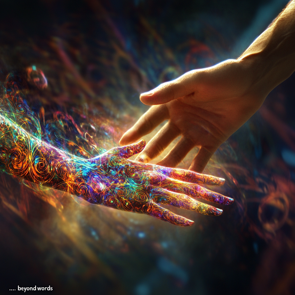 Two hands almost touching, with vibrant, intertwining light emanating between them, symbolizing emotional communication beyond words, set against a blurred background of crossed-out speech bubbles. NonVerbalCommunication EmotionalSpectrum BodyLanguage ToneOfVoice FacialExpressions EmotionalIntelligence Empathy HumanConnection NeuroscienceOfEmotion SocialPsychology Misunderstanding AuthenticCommunication MindfulListening MoroccanCulture TeaCeremony (Moroccan) SufiTraditions IntuitiveCommunication BeyondWords CommunicationSkills InterpersonalSkills