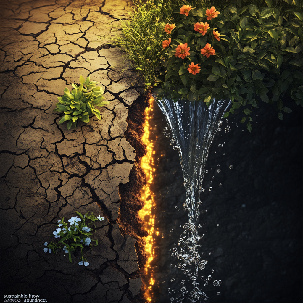 A dry, cracked desert on the left transforms into a vibrant, flowing stream nurturing lush greenery on the right, symbolizing the shift from scarcity to sustainable abundance. A subtle Moroccan pattern is integrated into the water. AbundanceEngineering SustainableFlow ScarcityMindset AbundanceMindset WealthCreation PersonalGrowth Contribution ValueCreation FlowState Reciprocity ConsciousConsumption Resilience IntuitiveNavigation PerpetualHarvest NeuroscienceOfAbundance EconomicsOfAbundance SpiritualAbundance MoroccanCulture Baraka Sadaqa Prosperity