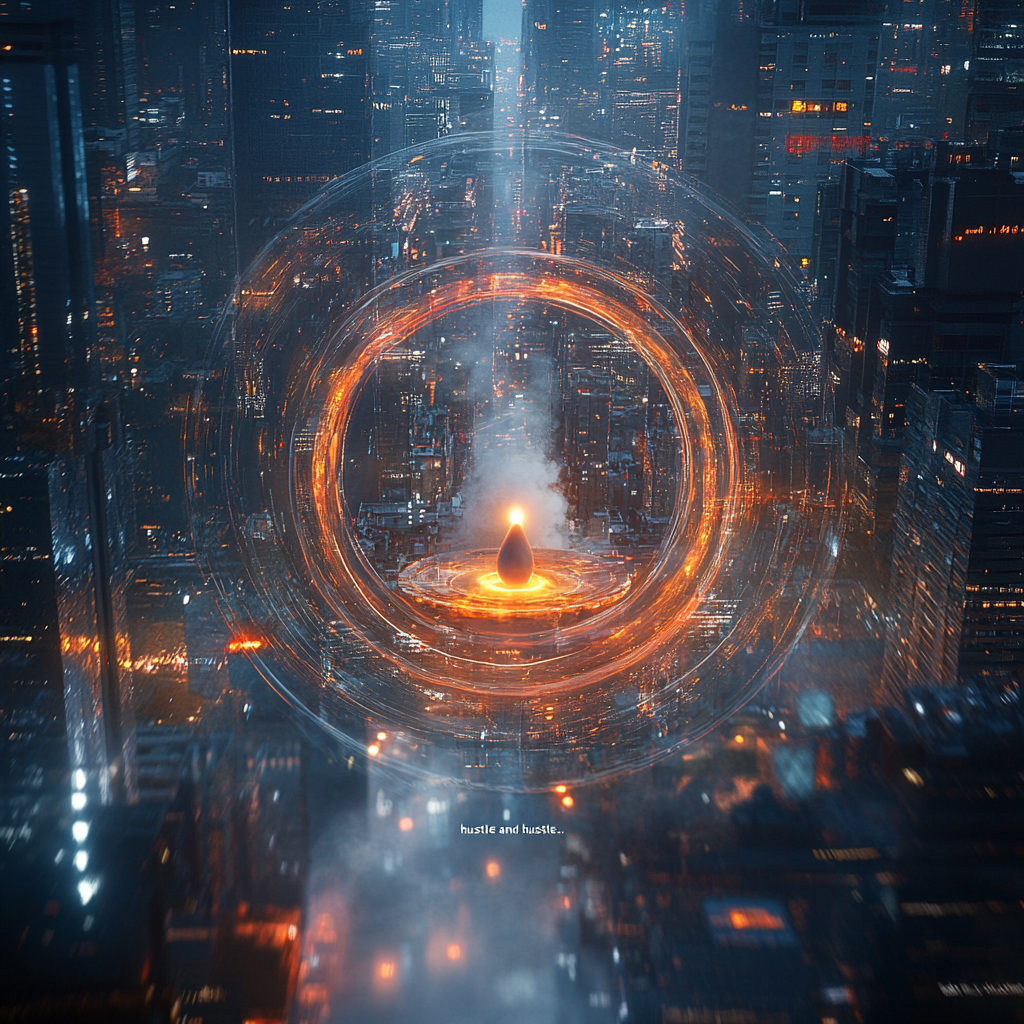 A serene, glowing circle containing symbolic ritual elements like a Moroccan tea glass, cutting through a blurred, chaotic background of digital notifications and city lights, representing finding meaning in the hustle. SacredPause MeaningInRitual HustleAndBustle HyperConnectedWorld MindfulLiving DailyRituals PersonalRituals SpiritualWellness MentalHealth DigitalDetox MindfulnessPractice StressReduction PurposeDrivenLife IslamicRituals MoroccanCulture Adhan (call to prayer) TeaCeremony (Moroccan) InnerPeace ConsciousLiving ExistentialMeaning Wellbeing