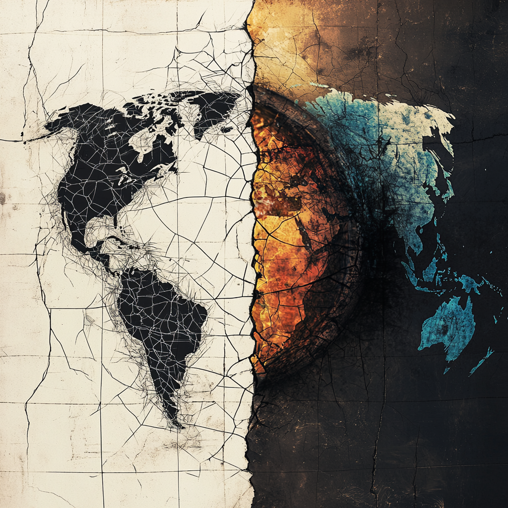 A world map split in two: one half with harsh national borders and muted colors, the other with seamless, vibrant global connections, symbolizing the choice between nationalistic and global thinking. NationalismVsGlobalism GlobalMindset InterconnectedWorld CognitiveBias InGroupPreference EconomicProtectionism CulturalHomogenization SharedHumanity GlobalCollaboration ResourceManagement GlobalSolidarity MultiplePerspectives TranscendingBorders EthicalLeadership WorldChallenges SustainableFuture Ummah (global community) MoroccanHistory GlobalCitizen IdeaScope