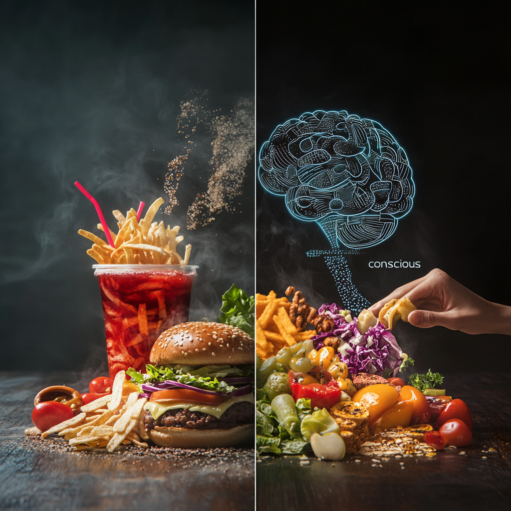 Split image contrasting unhealthy processed food with vibrant, fresh ingredients. A subtle brain silhouette connects to both, symbolizing the link between food choices and consciousness. Hints of Moroccan cultural patterns are in the background, representing mindful eating. Conscious Eating Food and Consciousness Mindful Eating Gut-Brain Axis Nutritional Psychiatry Emotional Eating Food Choices Food Ethics Sustainable Food Cultural Food Beliefs Halal Food Ramadan Fasting Food Waste Holistic Health Moroccan Cuisine Mind-Body Connection Healthy Habits Intuitive Eating