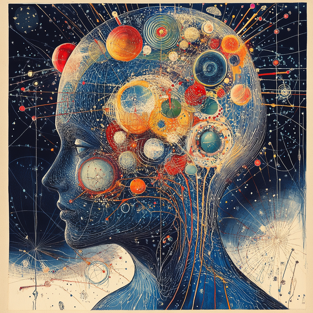 "Abstract illustration of a human brain with glowing lines flowing outwards, representing the active and talking mind." Talking mind, inner dialogue, mental health, self-improvement, success, mindset, positive thinking, psychology, neuroscience, mindfulness.