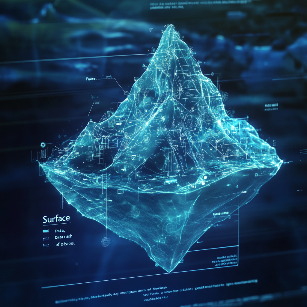 An iceberg with a small, chaotic tip labeled 'Surface Data' above the water. Below, a vast, complex, glowing submerged structure filled with interconnected patterns, symbolizing hidden Contextual Intelligence. A blurred, fast-paced background suggests a busy decision-making environment. Contextual Intelligence Contextual Awareness Decision Making Critical Thinking Leadership Skills Problem Solving Cognitive Biases Cultural Understanding Strategic Thinking Adaptability Complex Situations Neuroscience of Decision Organizational Intelligence Empathy in Leadership Societal Impact Business Strategy Cross-Cultural Communication Hidden Skill Missing Intelligence Nuance Understanding Context