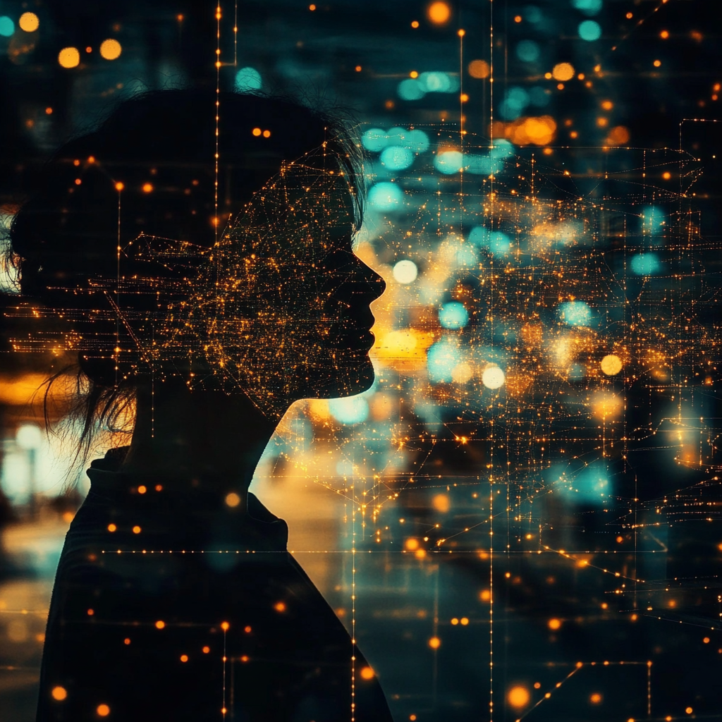 Person viewing a glowing network overlaid on a normal environment, representing seeing the underlying logic. Lazy genius, potential, perception, intelligence, logic, understanding, disconnect, society, matrix, network, brain, mind.