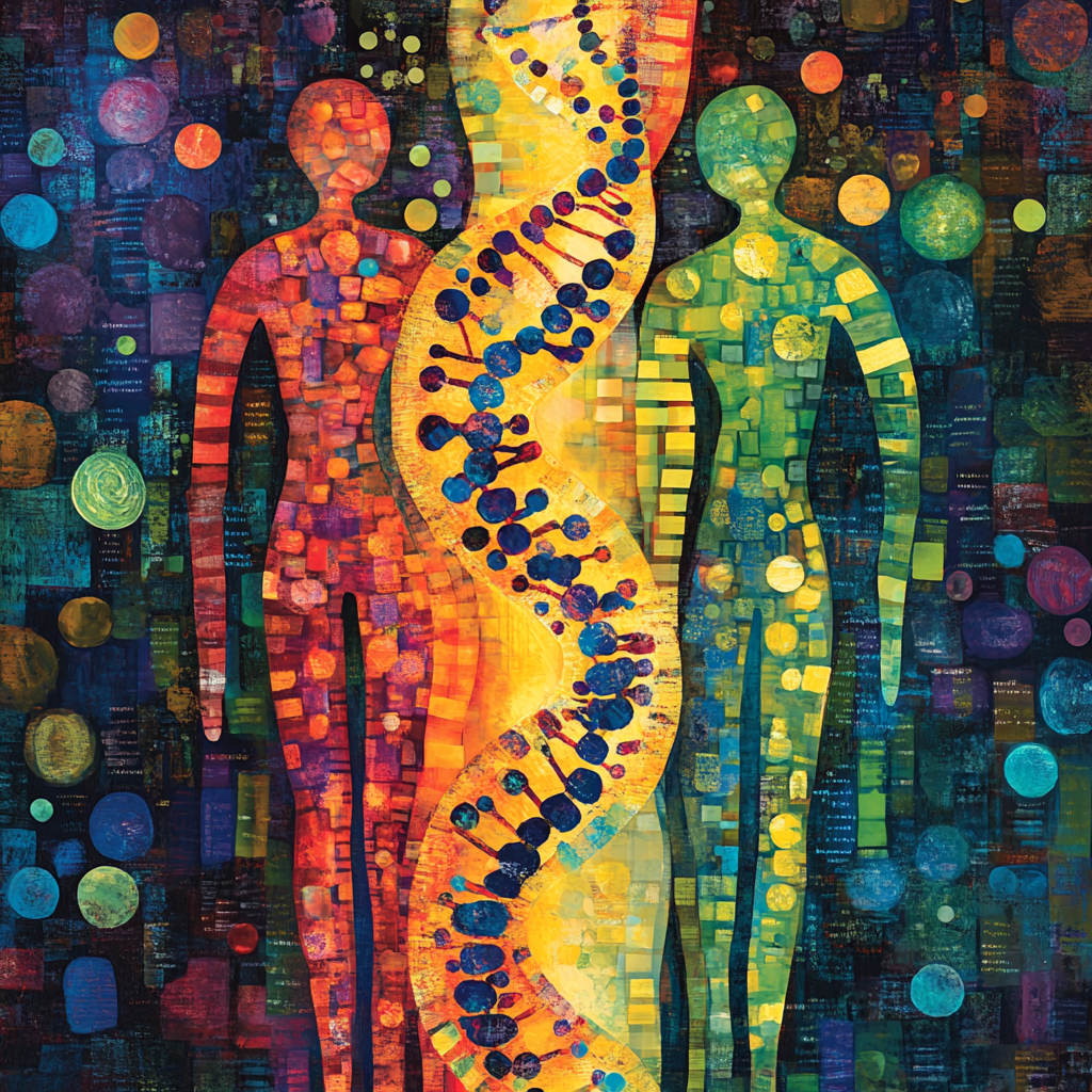Abstract image of intertwining DNA strands with human outlines, representing the complexity and power of our genetic blueprint. DNA, genetics, genes, genetic blueprint, heredity, health, science, biology, human, code, power, unraveling.