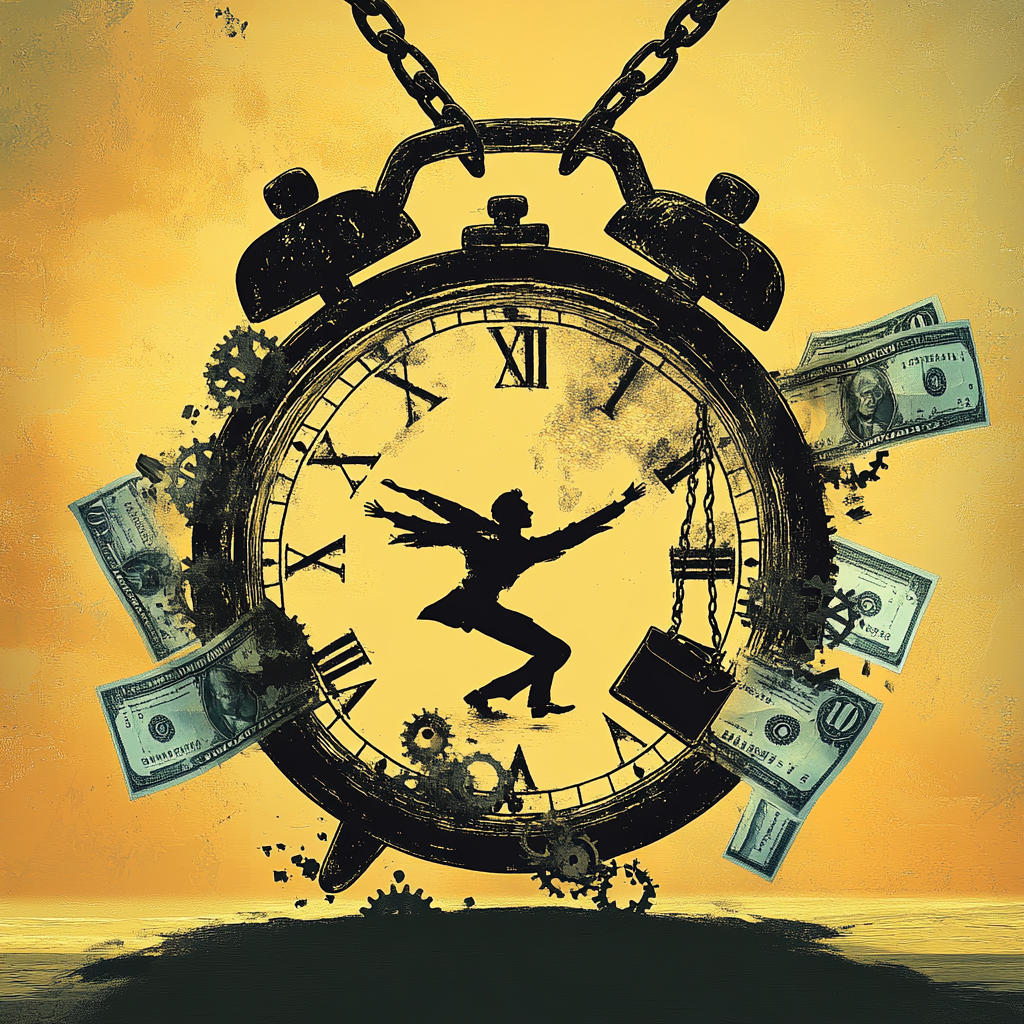 "An illustration of a person breaking free from chains of clock gears and money, symbolizing liberation from the illusion of work-life balance and systemic exploitation." Systemic work exploitation Time theft Job illusion Work-life imbalance Modern slavery Worker freedom Capitalist exploitation Digital surveillance at work Reclaiming time