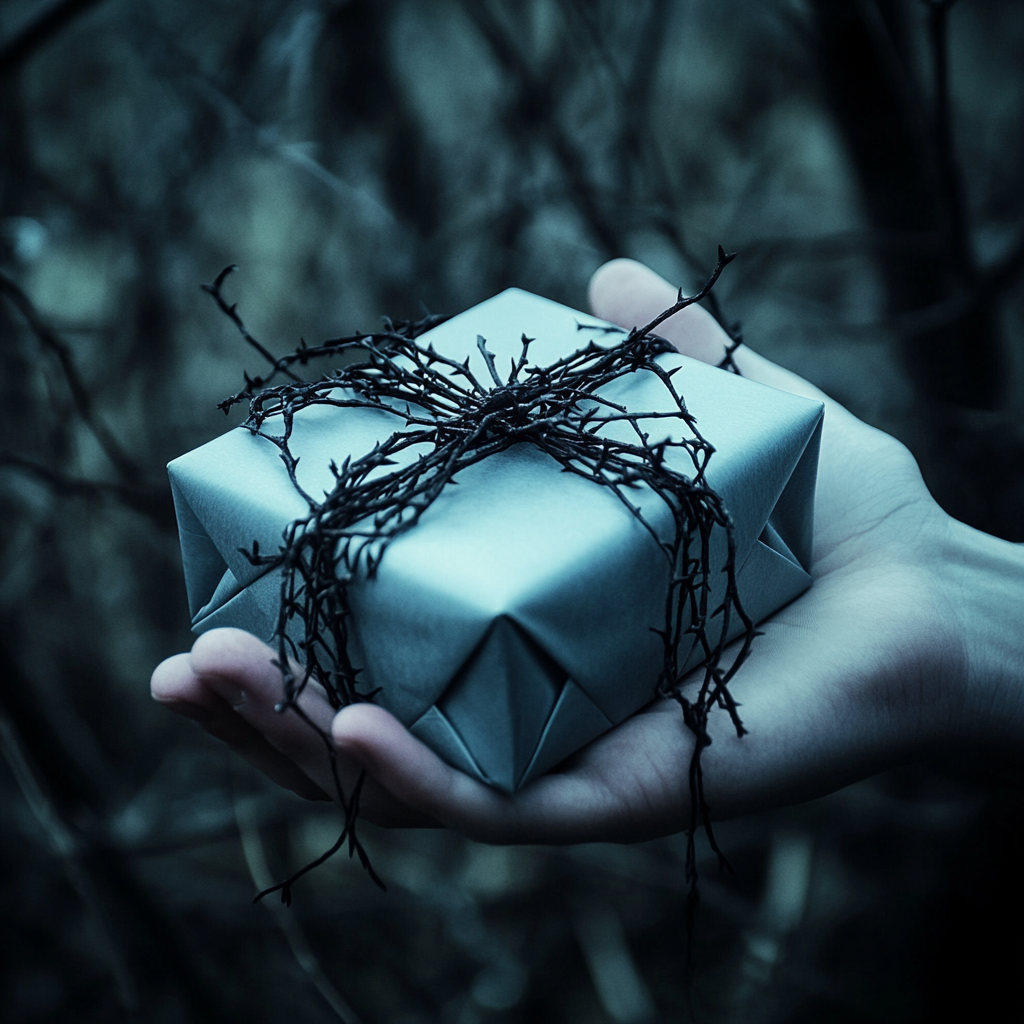 A hand holds a gift box wrapped in thorny vines, symbolizing the hidden toxicity of conditional giving in relationships. conditional giving toxic relationships strings attached relationship problems unhealthy boundaries resentment manipulation emotional blackmail unconditional giving build trust healthy relationships emotional debt giving advice family dynamics friendship issues relationship psychology narcissistic traits (if relevant to discussion) social exchange theory personal growth self-worth