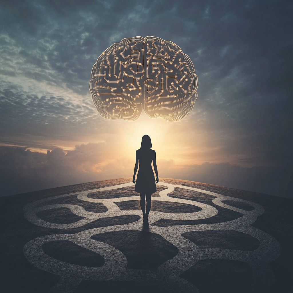 A person stands at a crossroad with signs representing unconscious influences; an invisible hand holds a glowing compass above them. Free will, unconscious choices, life decisions, internal compass, personal growth
