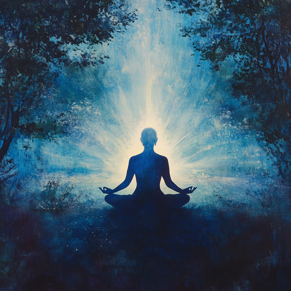 A serene person sits in meditation pose, bathed in a soft, warm light, suggesting peace and spiritual connection. Intelligence Spirituelle Spiritual Intelligence Bienveillance Kindness Compassion Spiritualité Spirituality Développement Personnel Personal Development Paix Intérieure Inner Peace Monde Meilleur Better World Conscience Consciousness Méditation Meditation Altruisme Altruism Empathie Empathy Croissance Spirituelle Spiritual Growth Bonheur Happiness Sens de la Vie Meaning of Life