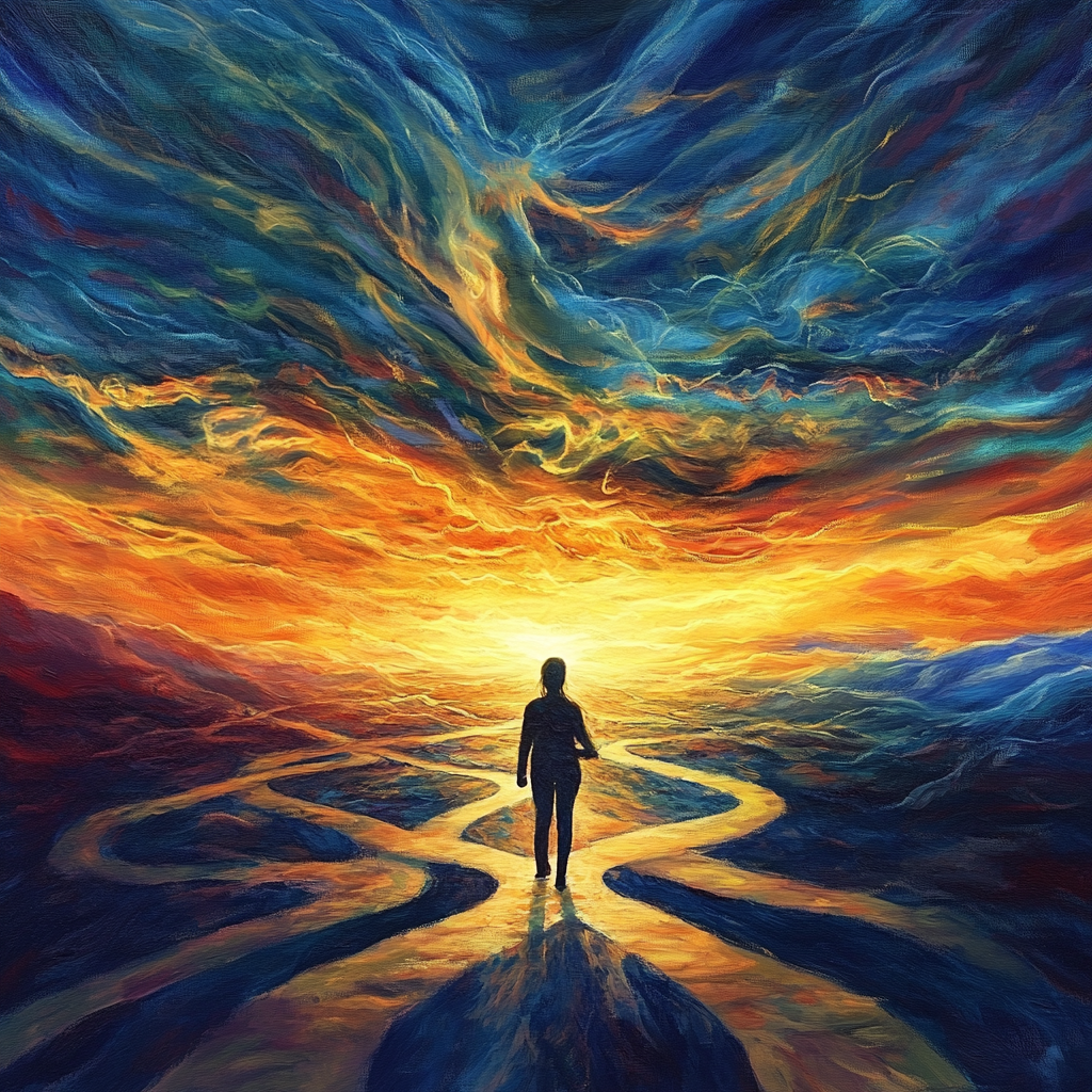 An inspiring image of a person at a crossroads with multiple paths, symbolizing the journey towards authentic success beyond the myth of perfect career balance. Career success Balance myth Resilience Growth mindset Authentic success Personal development Life adaptation