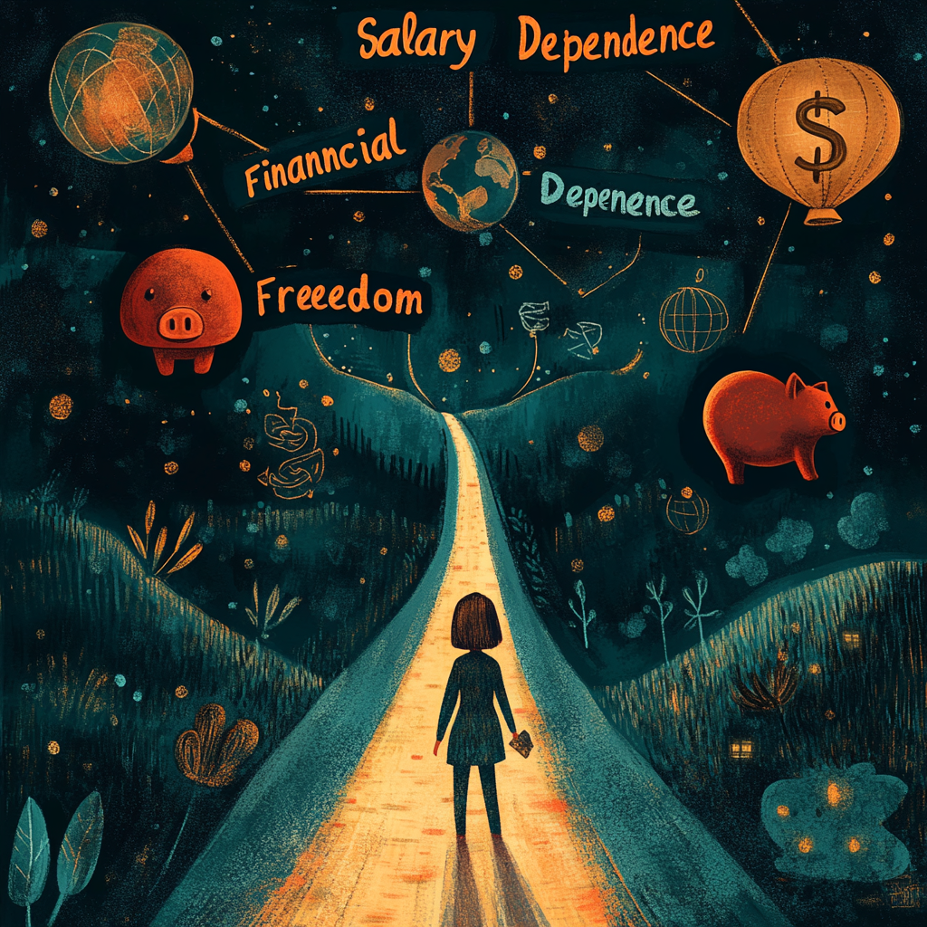 "Person standing at a crossroads with one path labeled 'Salary Dependence' appearing dark and constrained, and another labeled 'Financial Freedom' illuminated with symbols of wealth and success." "Financial Freedom," "Salary Escape Plan," "Passive Income," "Wealth Building," "Financial Independence," "Money Mindset," "Investments," "Diversify Income"
