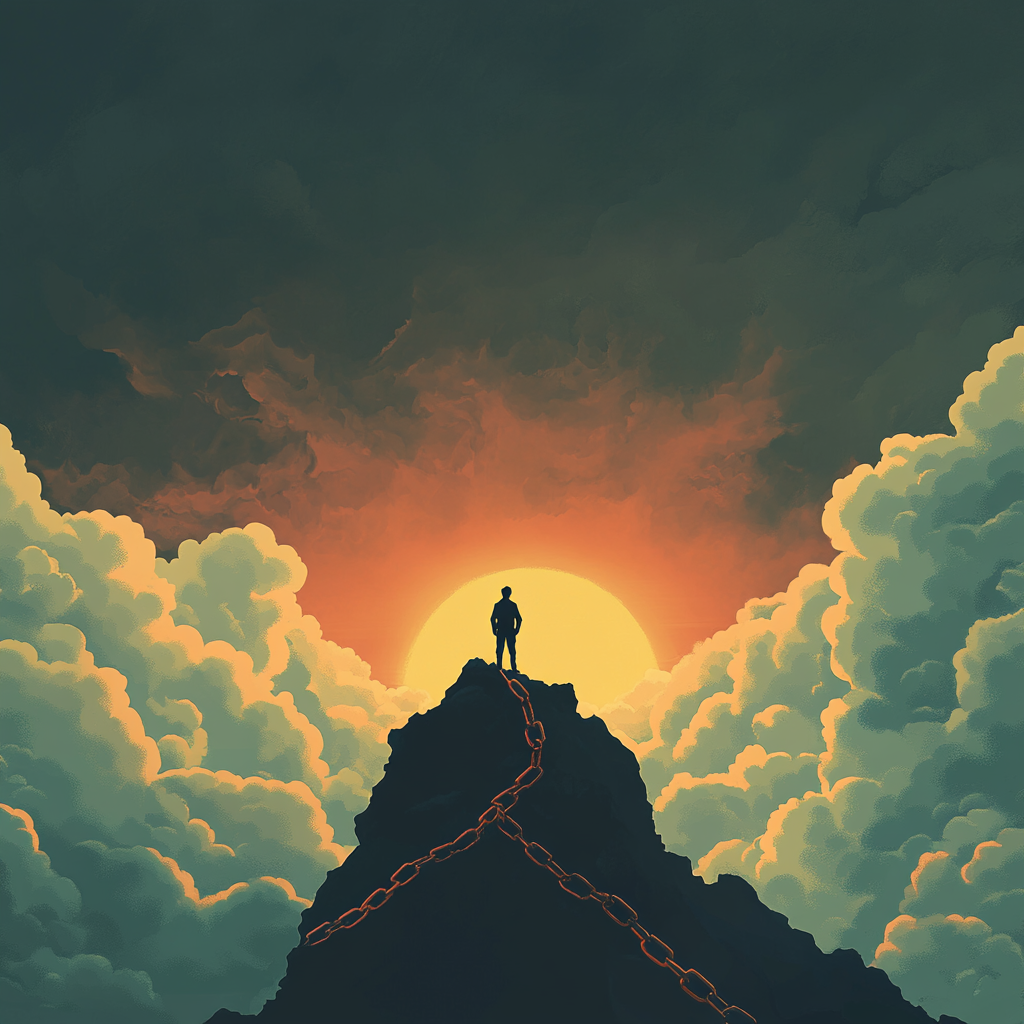 A person standing triumphantly on a mountain summit at sunrise, symbolizing overcoming the illusion of failure and embracing growth. Failure as an illusion Power of setbacks Growth mindset Resilience Overcoming failure Personal development Mindset transformation Embrace setbacks Inner strength Unlock potential