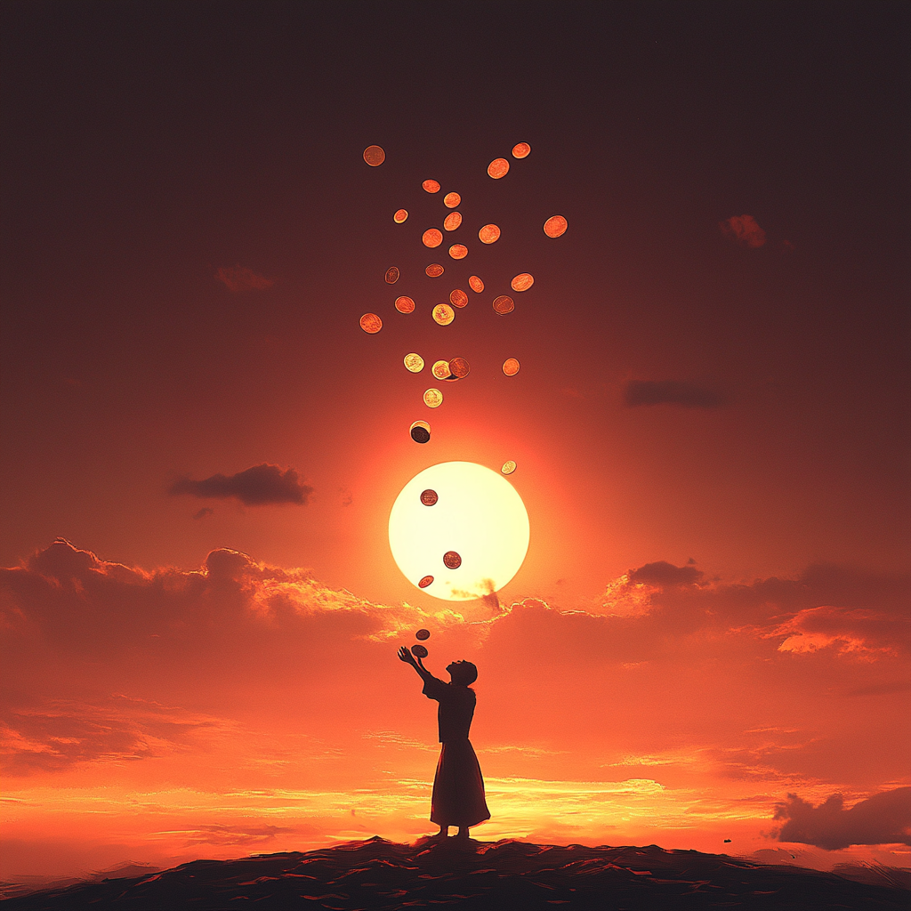 A person joyfully releasing possessions or money into the air, symbolizing letting go of material attachments to gain personal and financial freedom. Reverse wealth Letting go to succeed Financial freedom through loss Personal growth Wealth paradox Giving and abundance Mindset shift Resilience and resilience