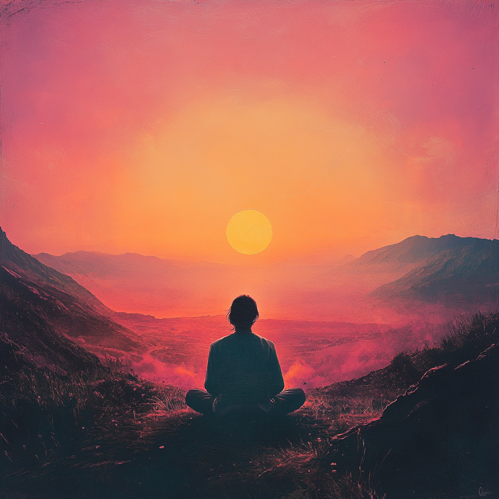 A person meditating peacefully outdoors at sunrise, surrounded by nature, symbolizing inner calm, love, and spiritual expansion. Spiritual exercise, inner peace, expand love, calm mind, spiritual transformation, mindfulness, meditation