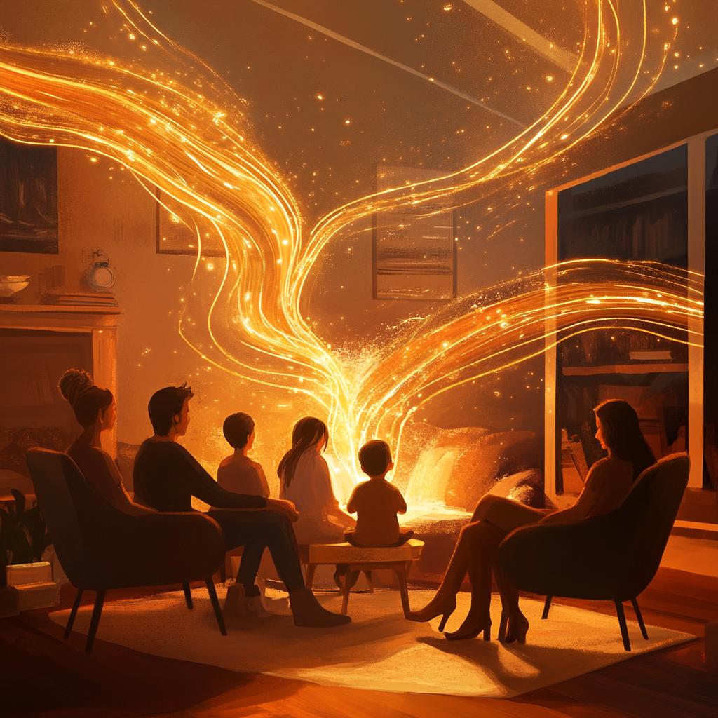 “Family sharing positive emotional energy together, radiating warmth and connection.” “Emotional energy in families,” “family harmony,” “shared emotional energy,” “family relationships,” “family dynamics,” “positive family energy”