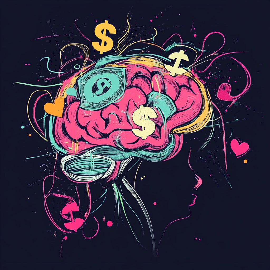 "An artistic illustration showing a human brain intertwined with currency symbols and flowing energy lines, representing the concept of emotions as valuable currency." "Emotional intelligence, emotional currency, mastering emotions, emotional resilience, relationships, personal growth"