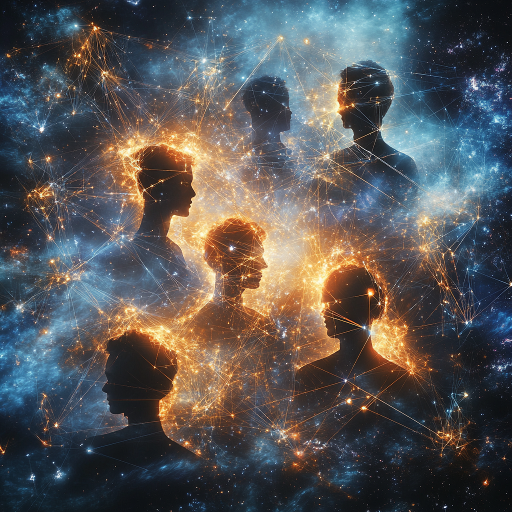 A vibrant cosmic web of interconnected particles and human silhouettes illustrating quantum relations connecting individual and societal life. Quantum relations, interconnected universe, collective consciousness, quantum physics, interconnectedness, universe, consciousness, society