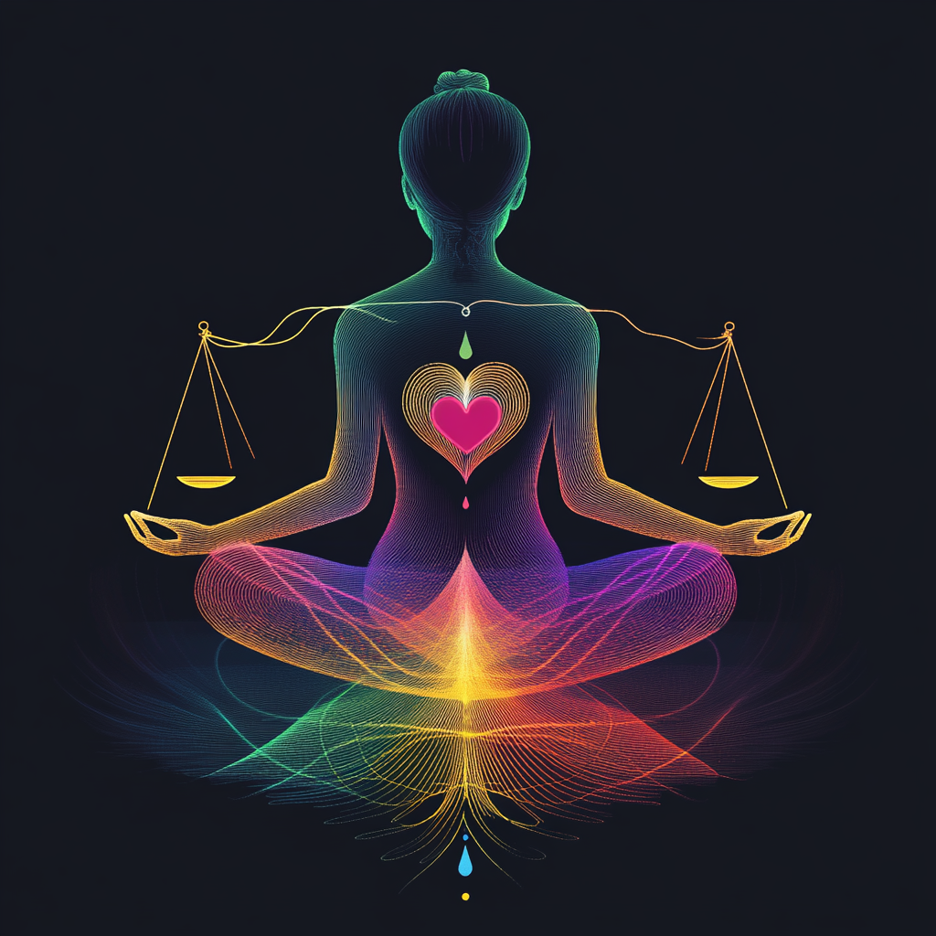 "Person practicing mindfulness in nature with symbols of emotions and health, representing the connection between emotional intelligence and physical well-being." Intelligence émotionnelle Coaching santé Gestion du corps Bien-être émotionnel Santé mentale et physique Secondary Keywords: Résilience émotionnelle Relations saines Auto-compassion Mindfulness Stress management
