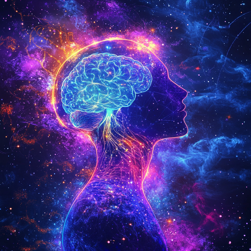 A colorful illustration of a human silhouette with interconnected neural networks, cosmic symbols, and glowing pathways representing the hidden maps of consciousness and inner universe exploration. consciousness maps, inner universe, self-discovery, spiritual awakening, brain networks, multidimensional awareness, mind expansion, subconscious programming, quantum consciousness, spiritual growth