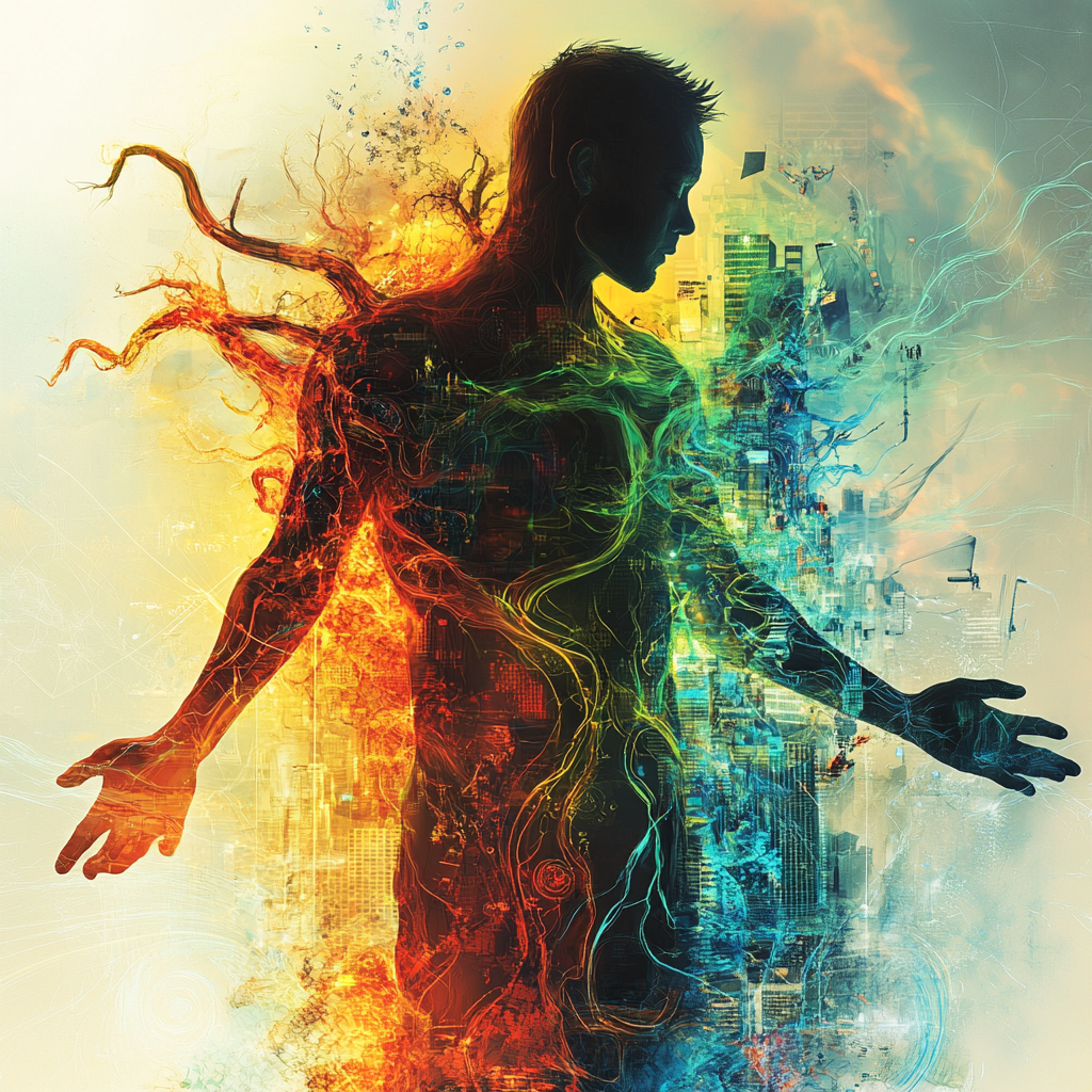 A figure is shown being shaped by external forces like hands and icons on one side, and actively pushing back and reshaping the environment with light and energy on the other, symbolizing the dynamic between being shaped by and shaping one's surroundings. environment shape you shape your environment environmental influence power of surroundings personal environment social environment physical environment digital environment environmental psychology behavioral science nudge theory conscious living personal growth self awareness agency control your environment behavioral design influence of environment shape your life psychology of place