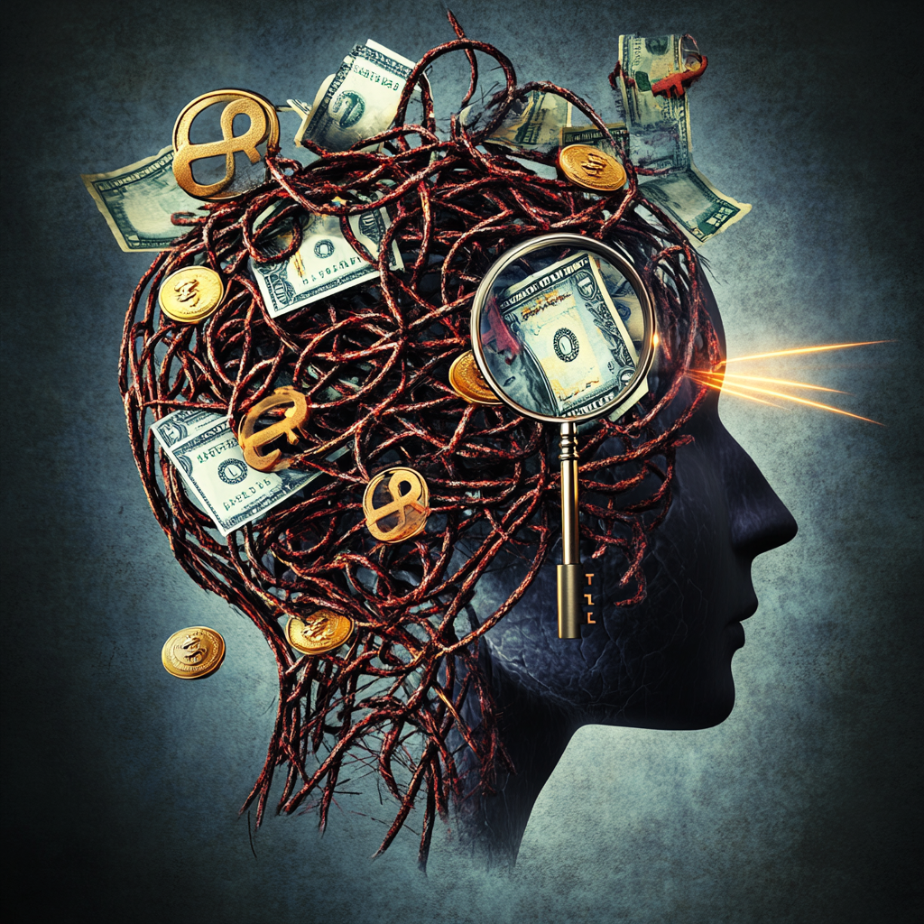 A graphic of a head outline containing tangled lines and locks blocking money symbols, with a key or magnifying glass outside, symbolizing the discovery of subconscious money beliefs. toxic money beliefs subconscious money blocks limiting beliefs about money money mindset financial psychology money scripts uncover money beliefs financial abundance overcome money blocks psychology of money financial well being change money beliefs financial behavior money therapy scarcity mindset financial fears decode money mind financial freedom hidden money beliefs money hang-ups financial stress money problems