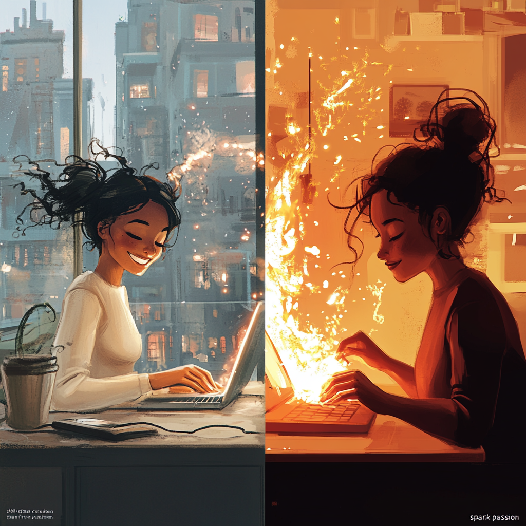 A split image contrasting professional passion: Left shows a person in a glamorous "dream job" with a fleeting spark, symbolizing the modern myth. Right shows hands crafting, emanating a steady glow, representing cultivated, authentic passion and dedication, possibly with a subtle nod to Moroccan craftsmanship. Professional Passion Work Passion Career Purpose Job Satisfaction Modern Myth Reality of Passion Burnout Prevention Job Crafting Meaningful Work Self-Determination Theory Flow State Growth Mindset Career Fulfillment Work Life Balance Intrinsic Motivation Dopamine Work Cultural Work Ethic Authentic Career Workplace Well-being