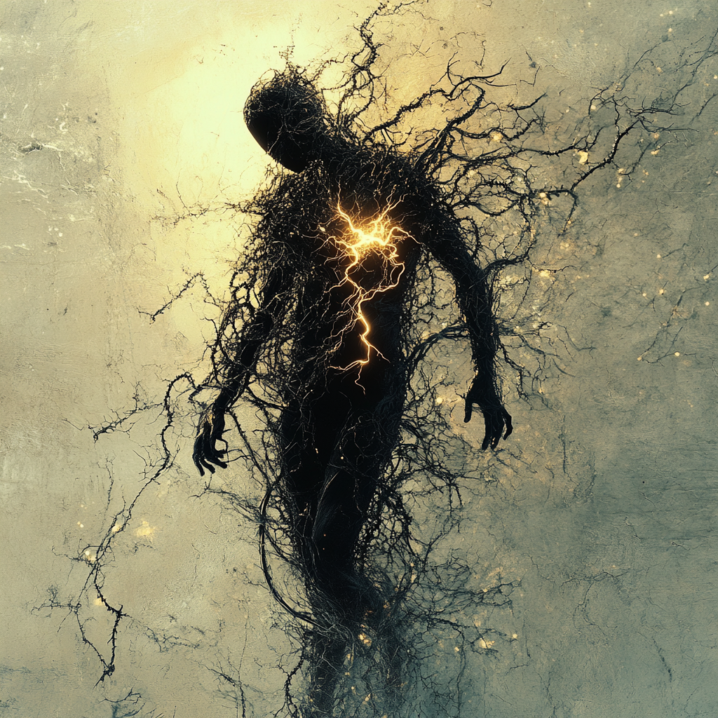 A figure is shown breaking free from dark, restrictive vines, reaching into a bright space with flowing light and water, symbolizing overcoming inner suffocation and finding vitality. find your air soul suffocation inner wellspring unrusted potential self expression find purpose creativity intuition personal growth emotional freedom authentic self unlock potential well being meaning in life inner vitality overcome fear break free live authentically spiritual health consciousness