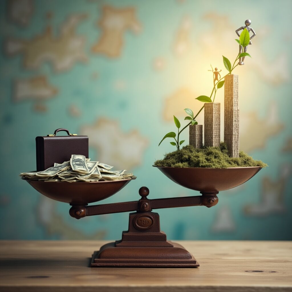 Stylized image of old scales. One side is heavy with money, a briefcase, and a skyscraper. The other side is light and rising, glowing with abstract symbols of purpose, growth, and human connection, illustrating that true career satisfaction transcends financial gain and physical location." Keywords: career satisfaction, job fulfillment, work happiness, purpose in work, intrinsic motivation, extrinsic rewards, work-life balance, dream job, employee well-being, professional growth, job meaning, work culture, autonomy, mastery, relatedness, work passion, career purpose, beyond money, job meaning, holistic career.