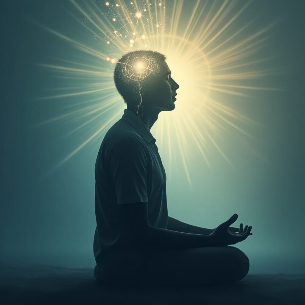 A serene silhouette with a glowing mind, symbolizing inner piety connected to neural networks and universal concepts, representing the scientific and spiritual aspects of a pious state of mind." piety, state of mind, inner reverence, neuroscience of spirituality, universal wisdom, spiritual well-being, mindfulness, inner peace.