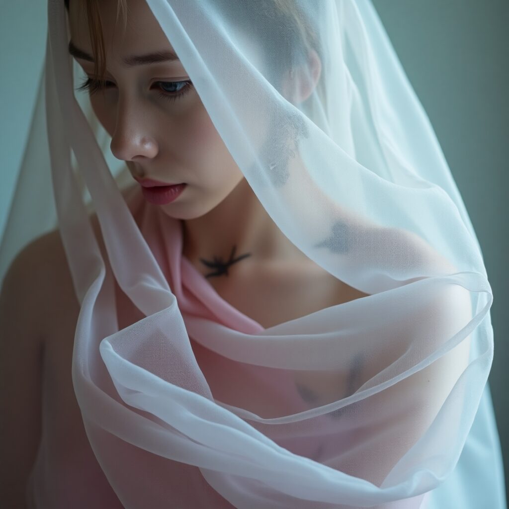 A delicate, flowing, rose-colored silk scarf subtly revealing sharp, dark thorns or cracks beneath its translucent surface, symbolizing harmful tenderness and hidden toxicity in relationships." harmful tenderness, toxic relationships, hidden abuse, deceptive love, manipulation, emotional harm, thin garments, relationship red flags.