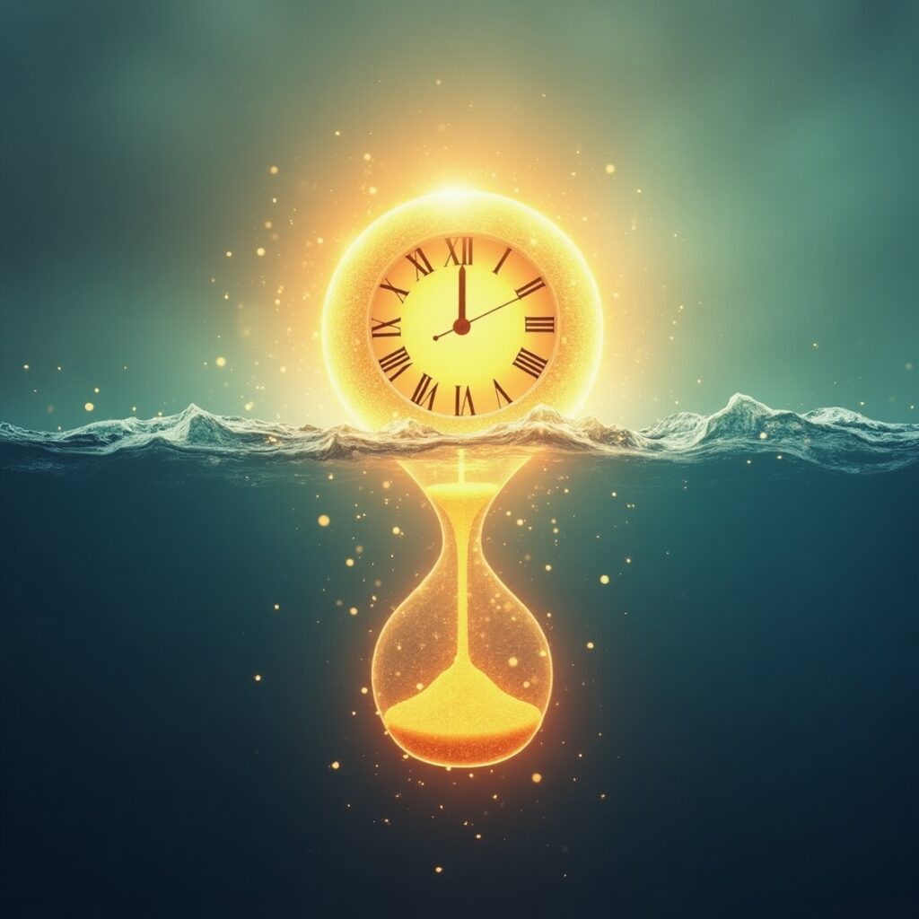 An illuminated sphere representing vibrant energy supporting a stylized clock face, symbolizing that effective time management is built upon strong energy management." energy management, time management metaphor, productivity foundation, sustainable energy, burnout prevention, vitality concept, holistic productivity.