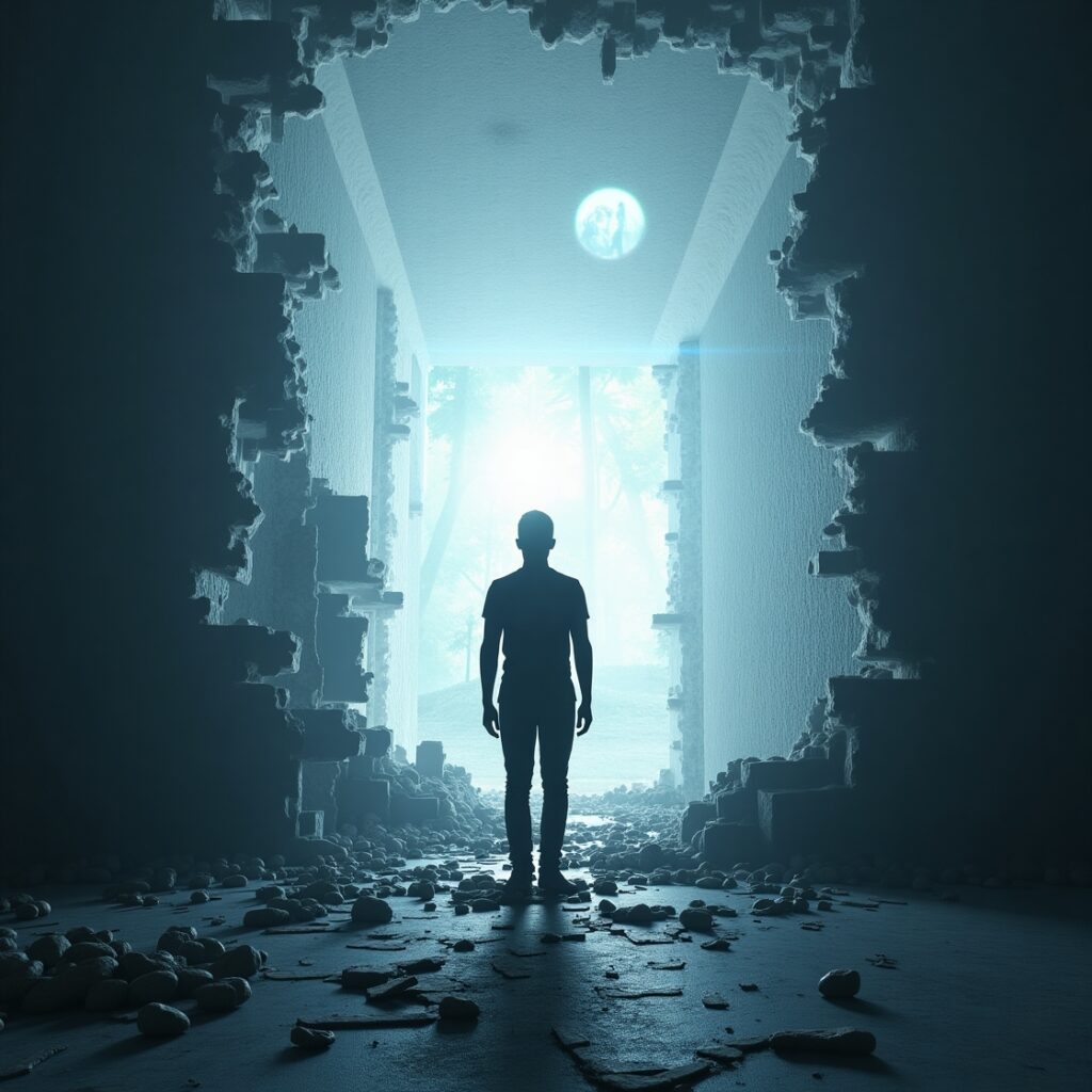 A person stands amidst a shattering reality, as a vibrant, luminous blueprint for a new, desired vision emerges from their mind, symbolizing the process of deconstructing limiting perceptions to reconstruct one's chosen reality." deconstruct reality, reconstruct vision, personal transformation, limiting beliefs, cognitive shift, mindset change, self-creation, unlock potential, architect within, reality blueprint.
