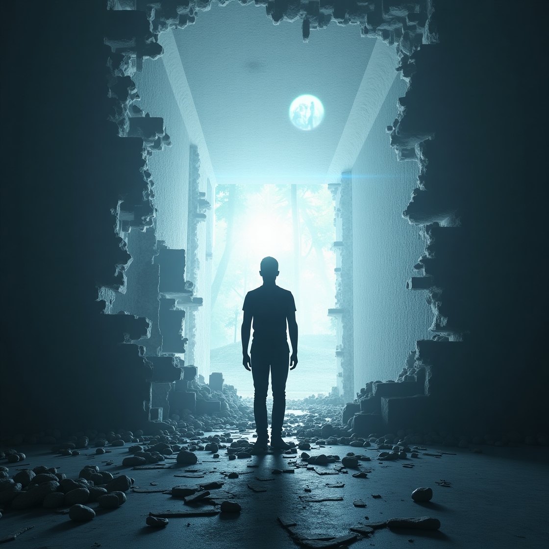 A person stands amidst a shattering reality, as a vibrant, luminous blueprint for a new, desired vision emerges from their mind, symbolizing the process of deconstructing limiting perceptions to reconstruct one's chosen reality." deconstruct reality, reconstruct vision, personal transformation, limiting beliefs, cognitive shift, mindset change, self-creation, unlock potential, architect within, reality blueprint.