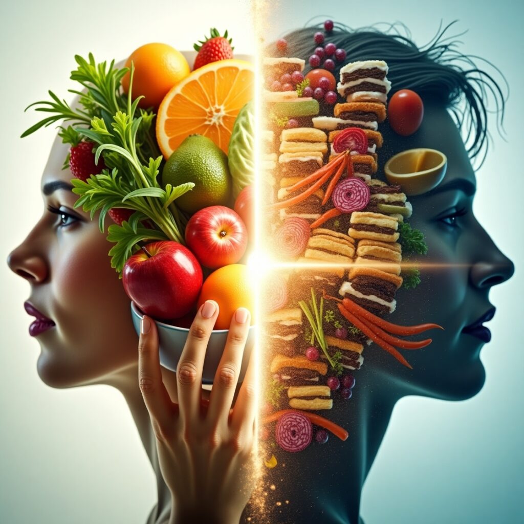 Split image contrasting vibrant, fresh, organic foods symbolizing nourishment with processed, packaged foods representing artificial programming, highlighting the profound impact of diet on mind and body." food impact, nourish program, healthy eating, processed food, brain food, gut health, diet choices, food metaphor, mind-body connection.