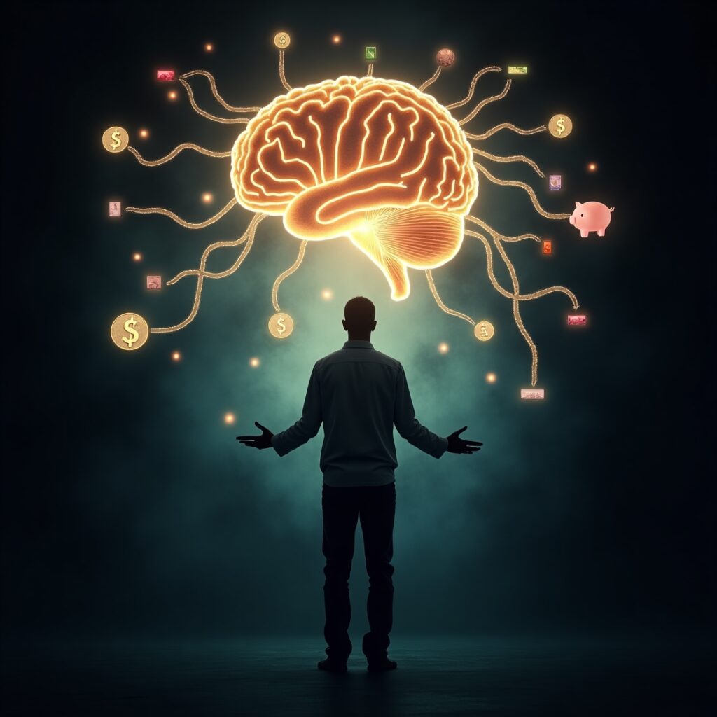 A transparent human silhouette stands before a glowing brain from which emotional neural pathways extend, subtly controlling various financial symbols, representing the hidden relationship between money and emotion. money emotion, financial psychology, brain finance, unconscious money, behavioral economics, hidden forces, financial destiny, emotional brain, wealth mind.