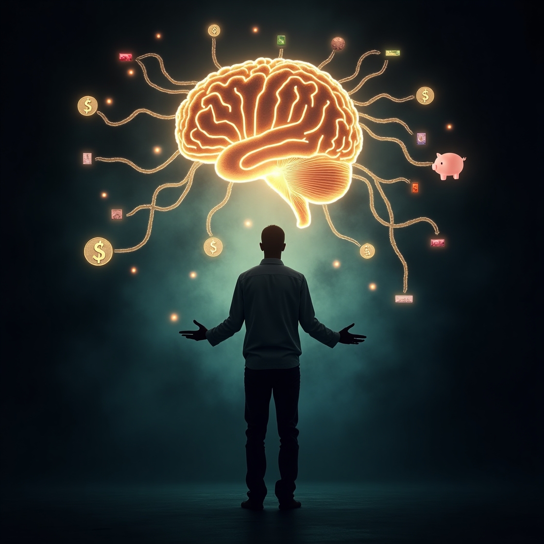 A transparent human silhouette stands before a glowing brain from which emotional neural pathways extend, subtly controlling various financial symbols, representing the hidden relationship between money and emotion. money emotion, financial psychology, brain finance, unconscious money, behavioral economics, hidden forces, financial destiny, emotional brain, wealth mind.
