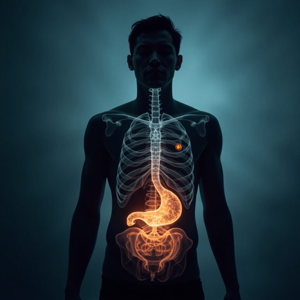 A figure shows subtle, glowing cracks on their body, from which abstract physical symptoms emerge, symbolizing how unprocessed emotional trauma can manifest as unexplained physical pain and illness." physical symptoms, emotional trauma, body keeps the score, mind-body connection, psychosomatic, hidden pain, chronic illness, somatic healing, unresolved trauma, embodied emotions.