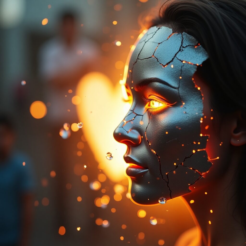 A cracked and peeling metallic mask revealing a warm, glowing heart and empathetic eyes, symbolizing true emotional charisma emerging from sincerity beyond superficial artifice. emotional charisma, sincerity, authenticity, vulnerability, heart, connection, genuine, mask, true self, empathy, human connection.