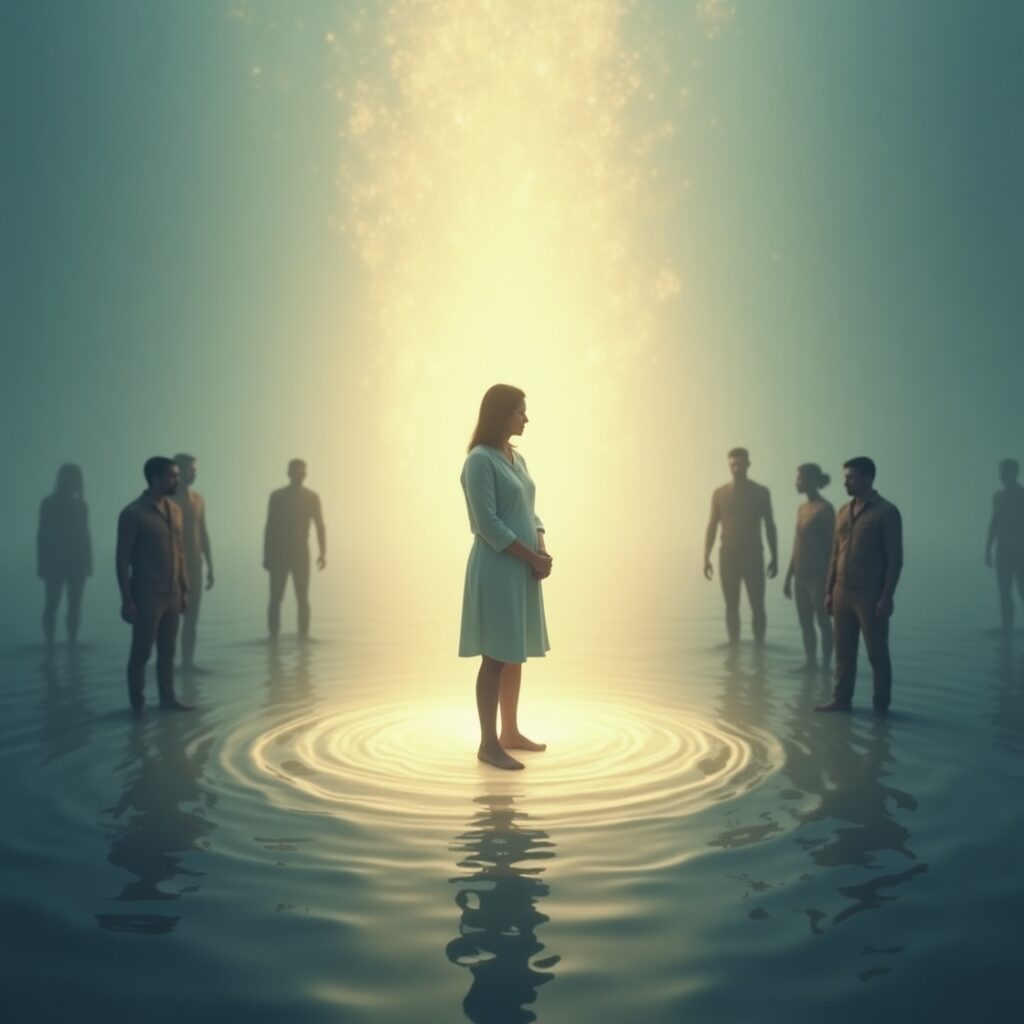 A calm person stands within a shimmering, translucent personal boundary, gently interacting with others outside their space, symbolizing healthy psychological boundaries that protect self without creating walls or isolation." psychological boundaries, healthy limits, self-protection, emotional space, personal energy, self-sovereignty, inner peace, non-physical boundaries, healthy relationships.