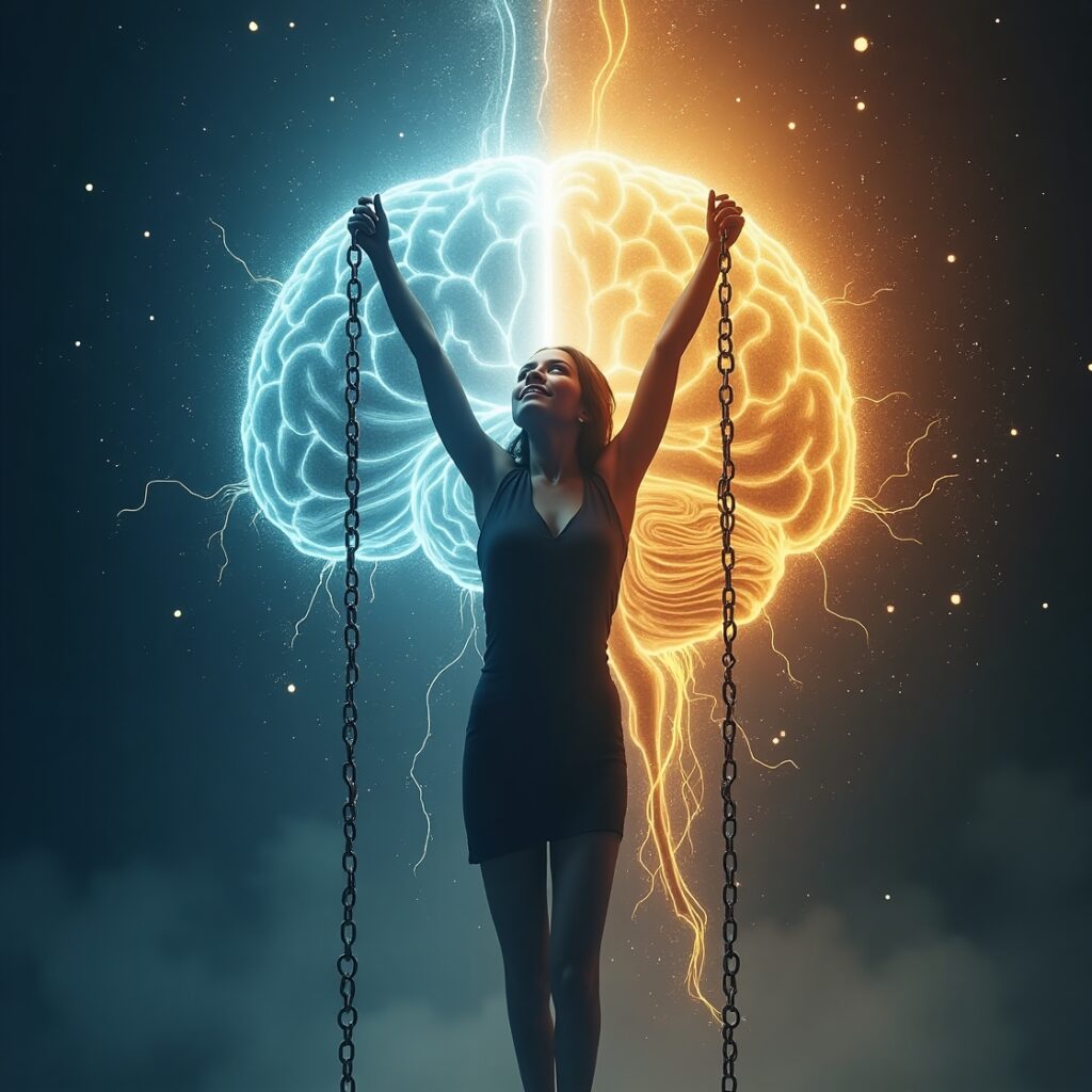 Image showing a person gracefully breaking free from symbolic chains as glowing neural pathways illuminate around them, representing effortless habit transformation through scientific understanding." habit breaking, effortless change, neuroscience habits, freedom from habits, personal transformation, willpower myth, mind rewire, behavioral science.